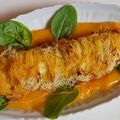 Sole doublement tropicale en kadaïf, coulis de mangue au yuzu, jeunes pousses