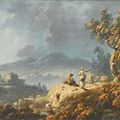 Jean-Baptiste Pillement (Lyons 1728-1808) - A rocky river landscape at dusk with shepherds resting beneath a tree