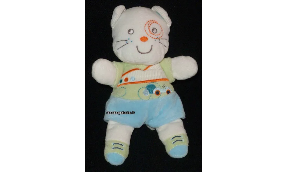 Doudou peluche chat Nicotoy,bleu vert,blanc, motifs voitures