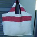 Sac cabas ou sac de plage grande capacité lin rouge et blanc doublé jean's, réversible