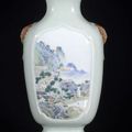 A fine celadon vase decorated with polychrome landscape and seven-syllable-poem on the reverse. China, Qianlong period, 