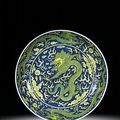 A fine blue and yellow 'dragon' dish, seal mark and period of Qianlong (1736-1795)