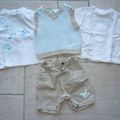 4 pces beige, blanc et bleu ciel :pantalon, 2 Tee-shirt manches courtes, débardeur 3 mois  Eté, demi-saison GARCON KITCHOUN 10€