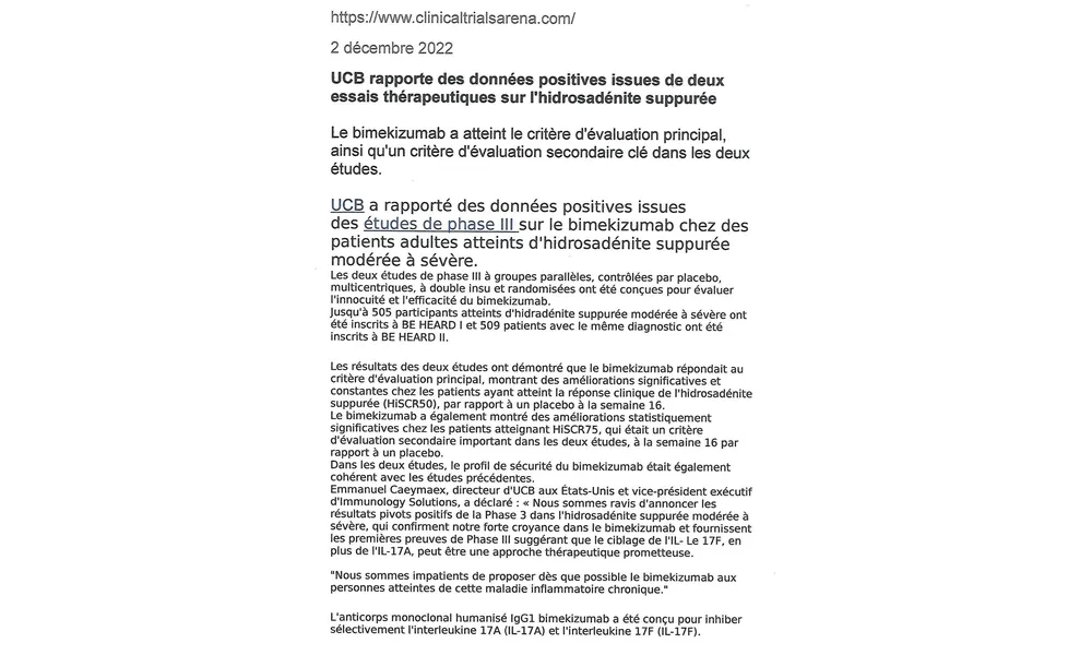 ESSAI CLINIQUE: EXPÊRIENCE PERSONNELLE (SUITE) - UCB très satisfait du bimékizumab 