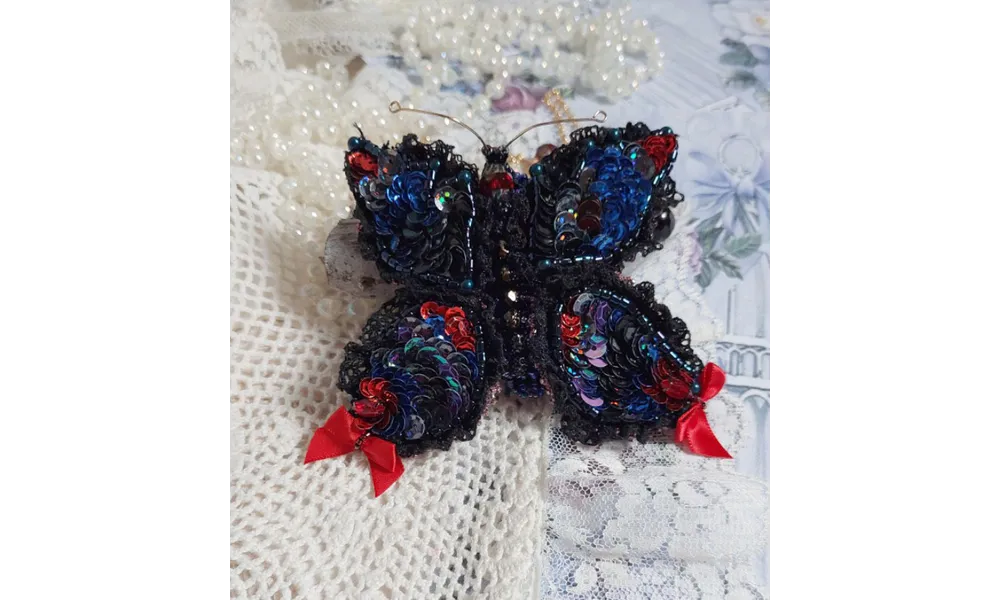 Collier Broche Butterfly Jet/Red