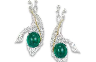 A charming pair of emerald, diamond and coloured diamond 'snow peas' ear pendants, by Cindy Chao