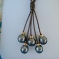 Collier grappe cuir + 5 perles + or...