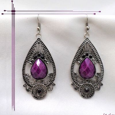 Boucles d'Oreilles Style Tibétain Loden Perle Et Strass Violet Argent du Tibet