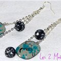 Boucles d'oreille avec perle avec taches turquoises et perles fimo noires