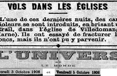 Mercredi 03 Octobre 1906 : Cambriolage à l’église