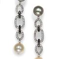 A pair of colored and white cultured pearl, black diamond and diamond earrings, Eli Frei.