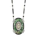 Art Deco Platinum, Black Onyx, Seed Pearl and Carved Jade Pendant-Watch Necklace circa 1920