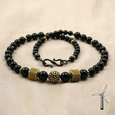 Collier pour homme onyx noir, perles de Bali en vermeil