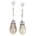 Pair of Platinum, Diamond, Seed Pearl and Natural Pearl Pendant-Earrings