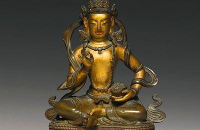 A partially cold-gilded bronze figure of Mahakala, Qianlong mark and period (1736-1795)