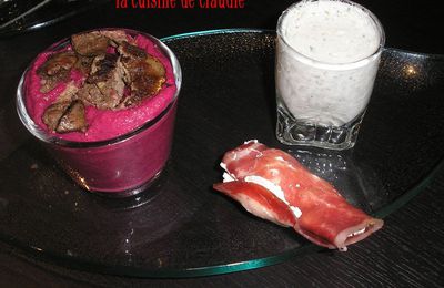 panna cotta aux champignons, coppa au fromage et mousse de betterave aux foies