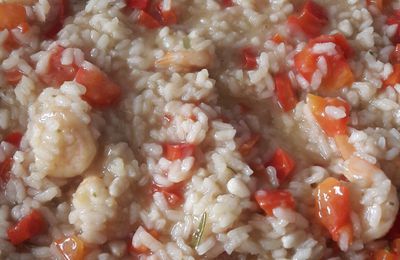 Fricassée de riz, gambas et poivrons sautés au safran