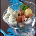 Verrine de poire, serrano et sa chantilly à la fourme d'ambert et gorgonzola