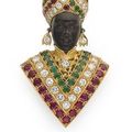 Broche blackamoor émeraudes, rubis, onyx, perle de culture et diamants, par Nardi