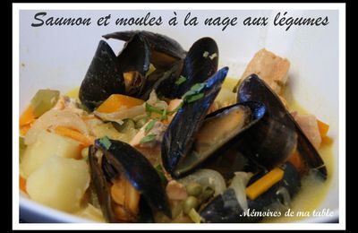 Saumon et moules à la nage aux légumes