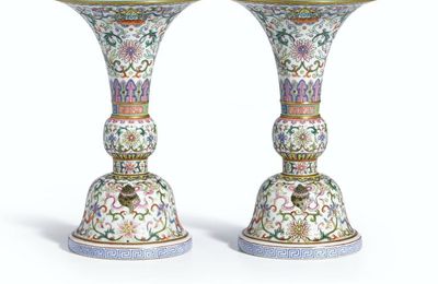 A pair of brilliantly enamelled famille-rose 'Bajixiang' vases, gu, seal marks and period of Qianlong (1736-1795)