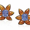 A pair of sapphire and citrine flower brooches, by Taffin