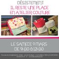 Il reste 1 place en atelier couture le 9 Mars