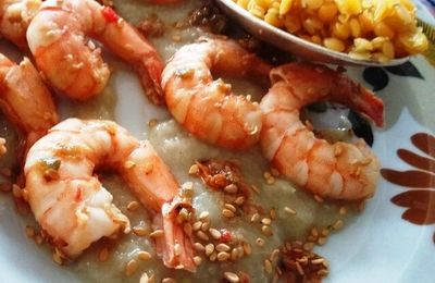 GAMBAS POÊLÉES ET COULIS D'ARTICHAUT