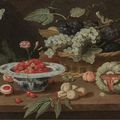 Jan Van Kessel le Jeune, Nature morte aux raisins, fraises, melon, artichauts sur un entablement