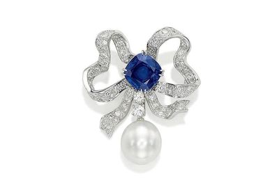 A 7.04 carats Burma sapphire, diamond and cultured pearl brooch, by Meister