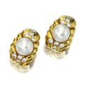 Pair of 18 karat gold, cultured pearl and diamond earclips, David Webb