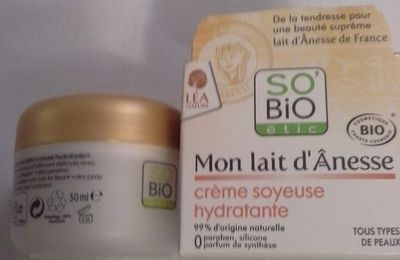 La crème soyeuse hydratante "mon lait d'ânesse " de So Bio etic 14€ les 50ml