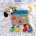 Doudou Plat Chien Gris Bleu ECharpe Et Pattes Multicolore Ronds Mots d'enfants