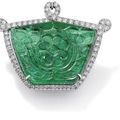 A carved emerald and diamond brooch/pendant