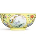 A yellow-ground famille-rose sgraffiato 'San yang' medallion bowl, Seal mark and period of Daoguang (1821-1850)