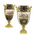 A pair of ormolu-mounted Sevres (hard paste) porcelain black-ground chinoiserie vases (Vases 'A Bandeau') , 1792