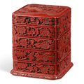 A rare carved cinnabar lacquer four-tiered box and cover, Ming dynasty, 16th-17th century