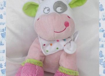 Doudou Peluche Vache Rose Blanche Foulard Blanc Pois Cocard Mots D'Enfants