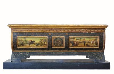 Exceptionnel Cassone en Bois peint et doré. Italie, Venise, première moitié du XVIème siècle