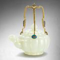 A Rare and Important Imperial White Jade and Cloisonne Enamel Ram-head Teapot and Cover, Qing Dynasty, Qianlong Period