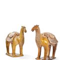 Two parcel-glazed pottery camels, China, Sui-Tang dynasty, 7th century