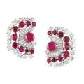 Pair of Platinum, Ruby and Diamond Earclips, Harry Winston