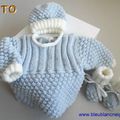 TUTO 022 - tricot bb, explications PDF trousseau bebe azur-ecru complet laine fait main 