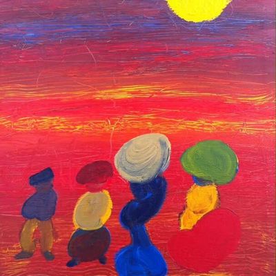 Rouge et personnages (acrylique sur chassis entoilé; 65 cm x 54 cm, 2012. Fait partie d'une collection privée)