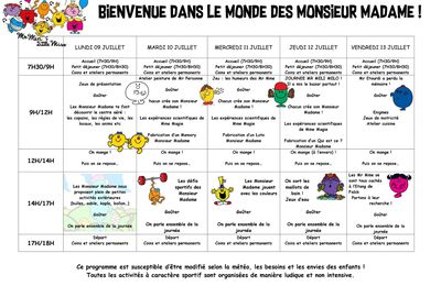 Menu et programme des activités SEMAINE 1 Juillet 2018