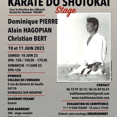 STAGE : Dombasle, 10-11 juin 2023, Karatédo Shotokaï sous la direction de D. PIERRE, A. HAGOPIAN, C. BERT (7° Dan) (FEKAMT)