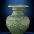 A very rare early Ming Longquan celadon globular 'Chrysanthemum' vase, Ming dynasty, 14th-15th century