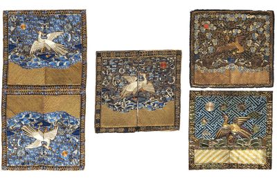 A group of five embroidered civil rank badges, Late Qing dynasty