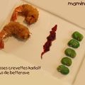 Crevettes  croustillantes en robe de kadaïf, fèves et "jus" de betterave