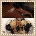 Noix de st Jacques sur un bouillon dashi aux pâtes soba champignons noirs et crevettes séchées 